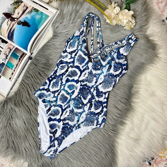 NEW BCBG MaxAzria Blue Snake Print Strappy Back Women’s One Piece Swimsuit Sz S - Picture 1 of 9